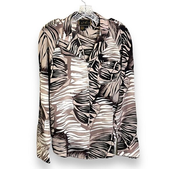 Abstract Silk Button Blouse Top Womens Medium Animal Print Tropical Safari Artsy - Picture 1 of 8